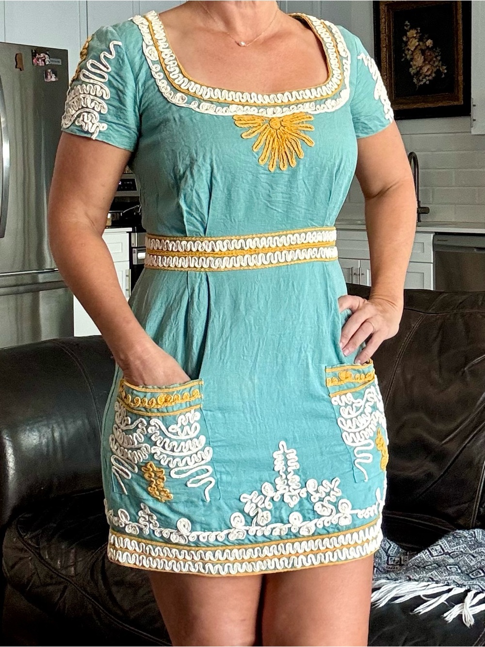 Vintage French Connection Teal Embroidered Mini Linen Shift Dress